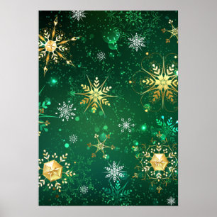 Weihnachtsgoldschneeflocken auf grünem Hintergrund Poster