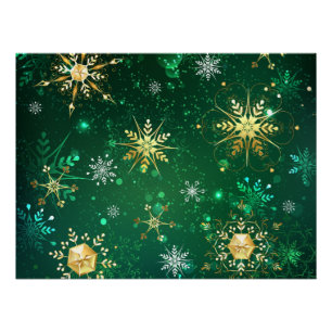 Weihnachtsgoldschneeflocken auf grünem Hintergrund Poster