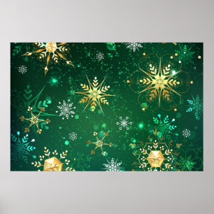 Weihnachtsgoldschneeflocken auf grünem Hintergrund Poster