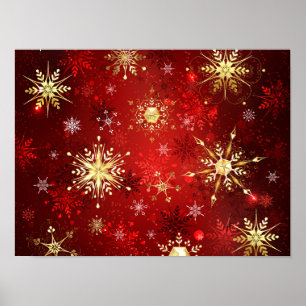 Weihnachtsgoldschneeflocken auf rotem Hintergrund Poster