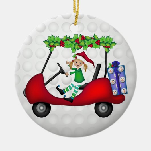 WeihnachtsGolfmobil mit Elf 1 Keramik Ornament (Vorne)