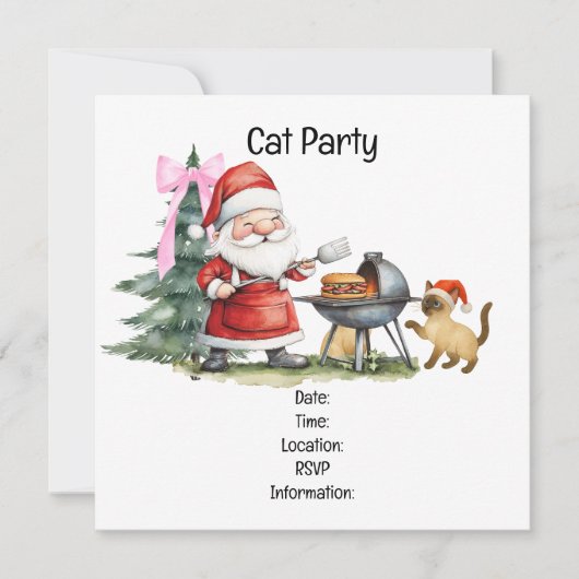 Weihnachtsgrill-Party mit Weihnachtsmann und Katze Einladung (Vorderseite)