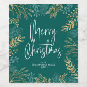 Weihnachtsgrün aus Gold auf Aquamarin Weinetikett (Einzelnes Label)