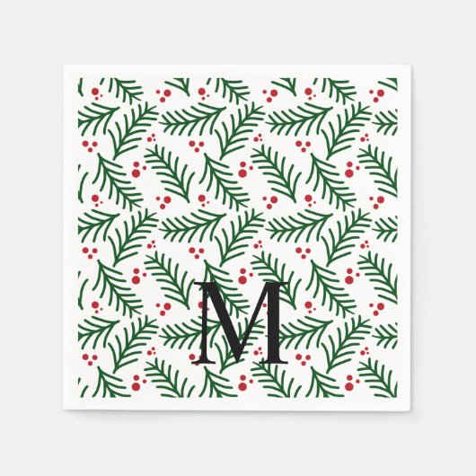 Weihnachtsgrün Beeren INITIAL Moderne Feiertage Serviette (Vorderseite)