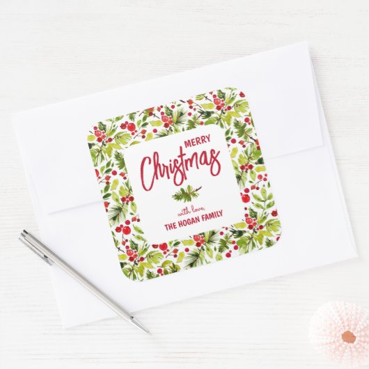 Weihnachtsgrün Berries Urlaub Quadratischer Aufkleber (Umschlag)