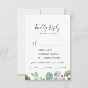 Weihnachtsgrün & Berry Menü Auswahl RSVP Karte