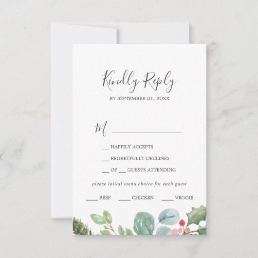Weihnachtsgrün & Berry Menü Auswahl RSVP Karte (Vorderseite)