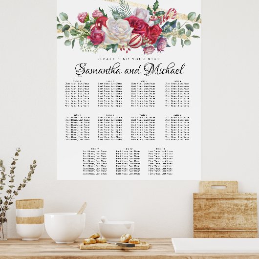Weihnachtsgrün Elegant 11-Tisch-Seating Chart Poster (Küche)