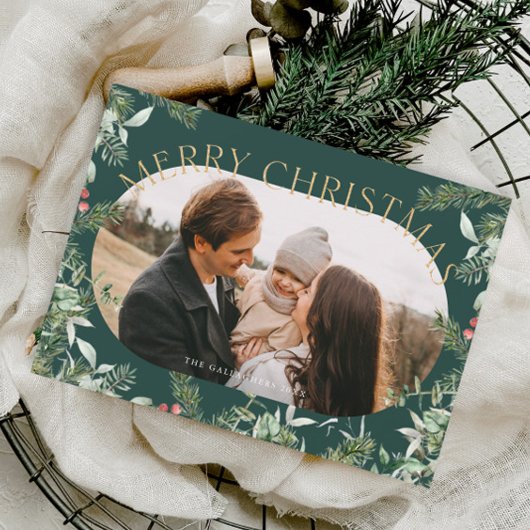 Weihnachtsgrün Foliage Gold Glitzer Foto Feiertagskarte