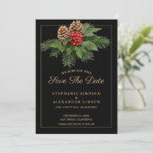 Weihnachtsgrün Gold auf Schwarzer Holiday Hochzeit Save The Date (Stehend Vorderseite)