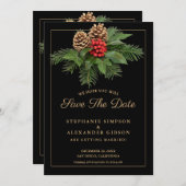 Weihnachtsgrün Gold auf Schwarzer Holiday Hochzeit Save The Date (Vorne/Hinten)