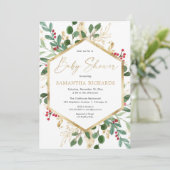 Weihnachtsgrün Goldholz Babydusche Einladung (Stehend Vorderseite)