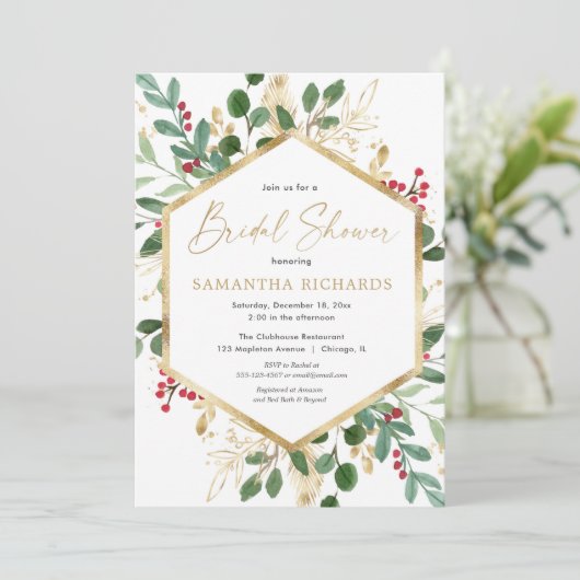 Weihnachtsgrün Goldholz Brautparty Einladung (Stehend Vorderseite)