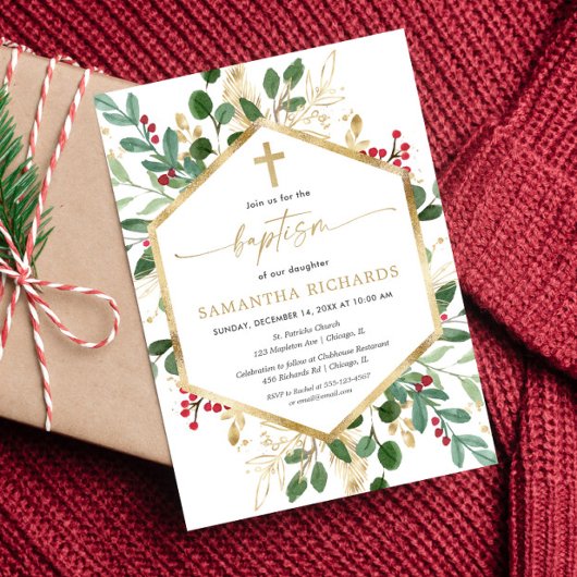 Weihnachtsgrün Goldholz Taufe Einladung