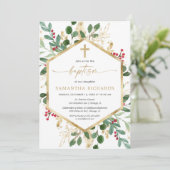 Weihnachtsgrün Goldholz Taufe Einladung (Stehend Vorderseite)