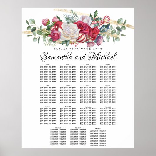 Weihnachtsgrün Hochzeit 15-Tische Seating Chart Poster (Vorne)