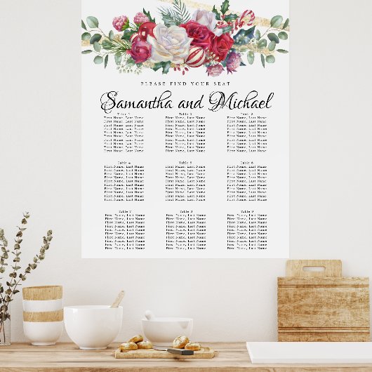 Weihnachtsgrün Hochzeit 9-Tisch-Sitzplan Poster (Küche)