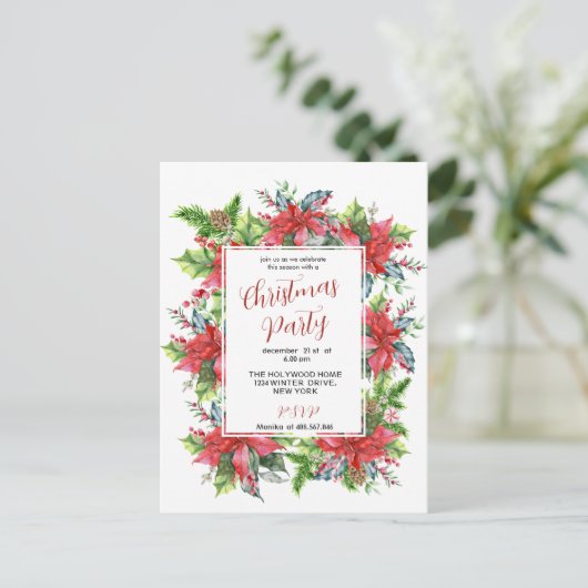 Weihnachtsgrün im Wasser mit Poinsettia Postkarte (Stehend Vorderseite)