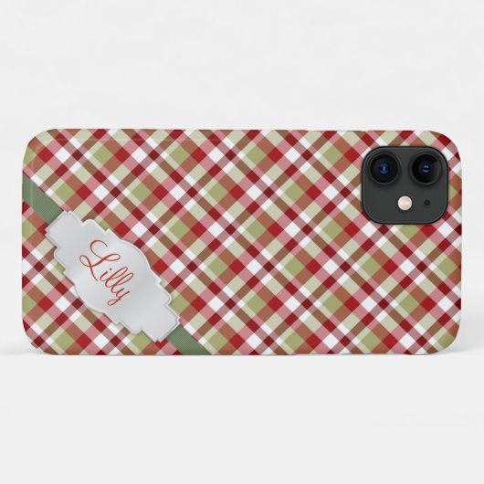 Weihnachtsgrün Kariert mit Monogramm Case-Mate iPhone Hülle (Rückseite (Horizontal))