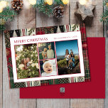 Weihnachtsgrün Karierte Familie Vier FotoCollage Feiertagskarte<br><div class="desc">Dieses Design bietet Weihnachts- und Feiertagsthema mit modernen und festlichen Karierten,  Weihnachtsbäumen,  Jingle Bells und Traditional Green and Red Colors.</div>