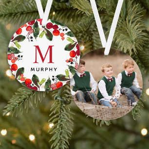 Weihnachtsgrün-Kranz Familienmonogramm Foto Ornament