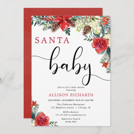 Weihnachtsgrün mit Blumen Weihnachtsgebäck Babydus Einladung (Vorne/Hinten)