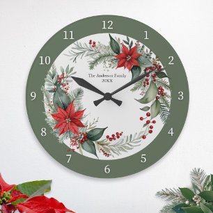 Weihnachtsgrün mit Red Poinsettias Custom Große Wanduhr