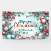 Weihnachtsgrün Ornamente Rote Ribbons Banner (Horizontal)