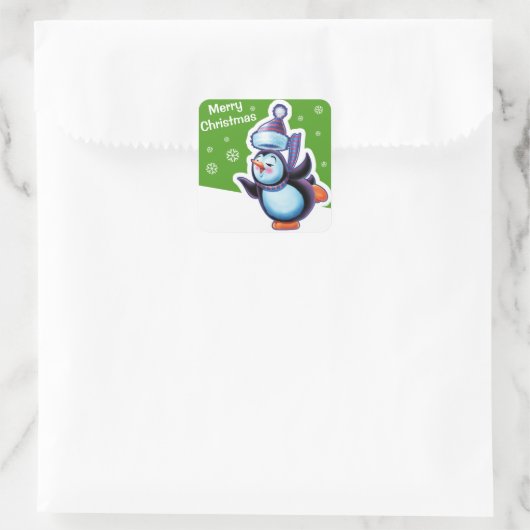 Weihnachtsgrün Quadrat Aufkleber Pinguin Skaten. (Tasche)