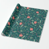 Weihnachtsgrün Rot Florals Dunkelgrün Geschenkpapier (Ungerollt)