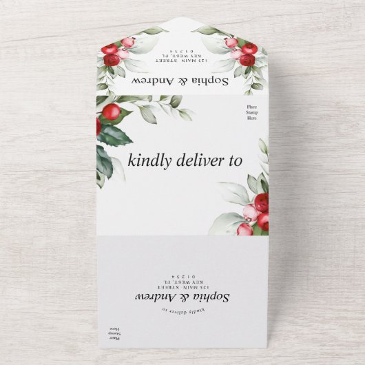 Weihnachtsgrün & Rote Berries All In One Einladung (Außenbereich)