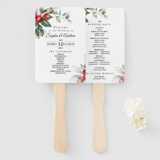 Weihnachtsgrün & Rote Berries Hochzeitsprogramm Fächer (Vorne und Hinten)