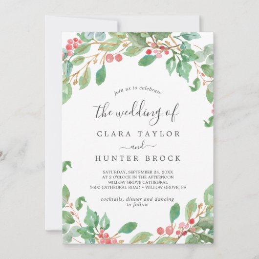 Weihnachtsgrün & Rote Berry Die Hochzeit von Einladung (Vorderseite)
