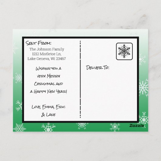 Weihnachtsgrün Schneeflocken Familienfoto-Karte Postkarte (Rückseite)