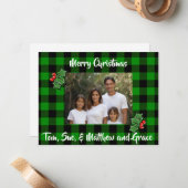 Weihnachtsgrün Schwarz karierte Weihnachtsfotovorl Mitteilungskarte (Vorderseite/Rückseite Beispiel)