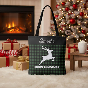 Weihnachtsgrün & schwarzes Karo-Rentier benutzerde Tasche