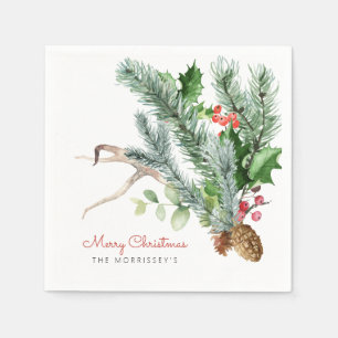 Weihnachtsgrün Tannenzapfen Geweih Beeren Feiertag Serviette