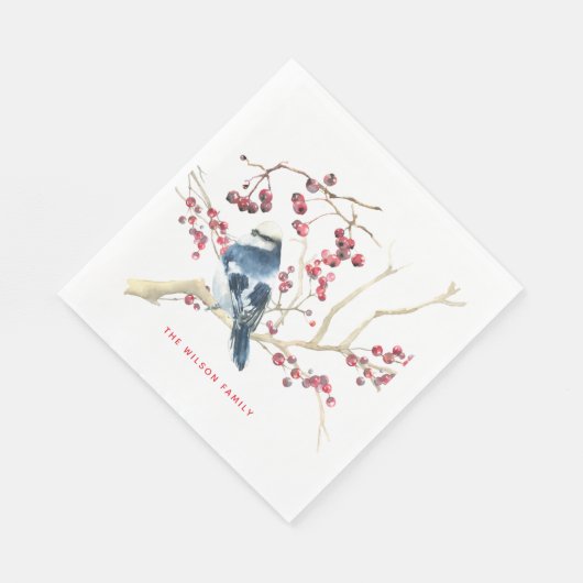 Weihnachtsgrün und Vogel - Personalisierter Urlaub Serviette (Ecke)