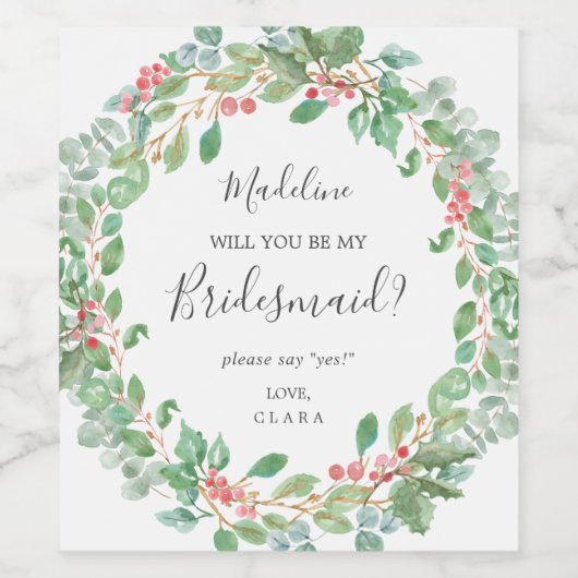 Weihnachtsgrün Wreath Bridesmaid Vorschlag Weinetikett (Einzelnes Label)