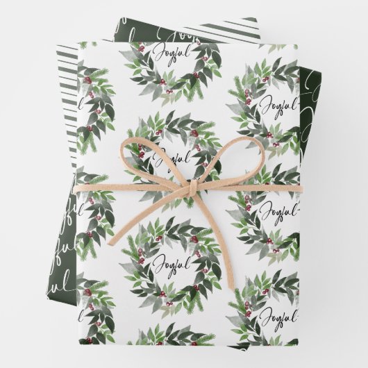 Weihnachtsgrün Wreath Joyful Script Holiday Geschenkpapier Set (Beispiel)
