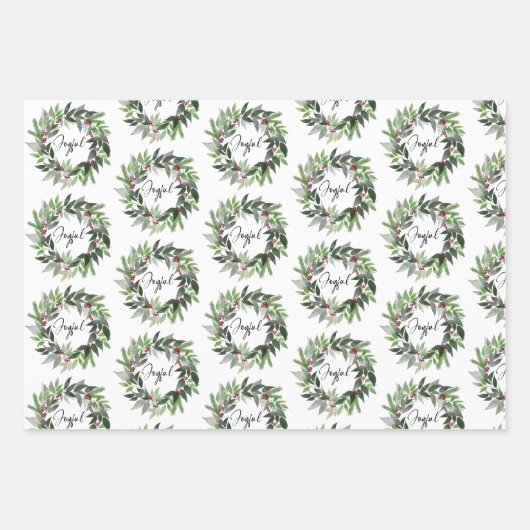 Weihnachtsgrün Wreath Joyful Script Holiday Geschenkpapier Set (Vorderseite)