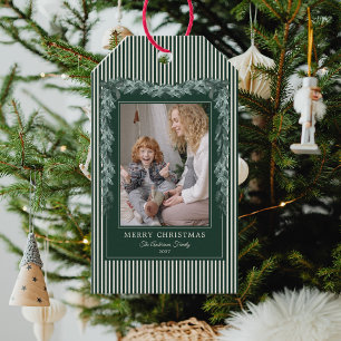 Weihnachtsgrüne Streifen Schleife Girlanden Foto Geschenkanhänger