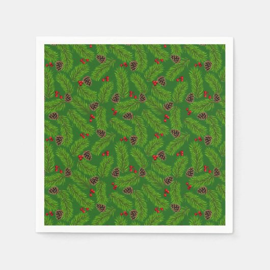 Weihnachtsgrüne Tannenzweige, Zapfen und rote Beer Serviette (Vorderseite)
