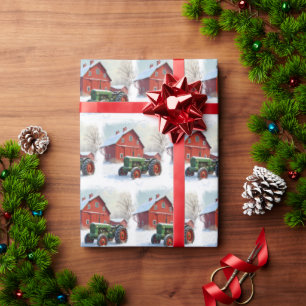 Weihnachtsgrüner Bauernhof-Traktor und rote Scheun Geschenkpapier