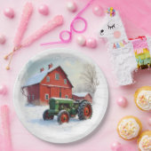 Weihnachtsgrüner Landwirtstraktor und rote Scheune Pappteller (Party)
