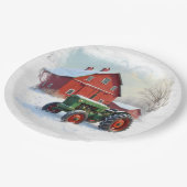 Weihnachtsgrüner Landwirtstraktor und rote Scheune Pappteller (Schrägansicht)