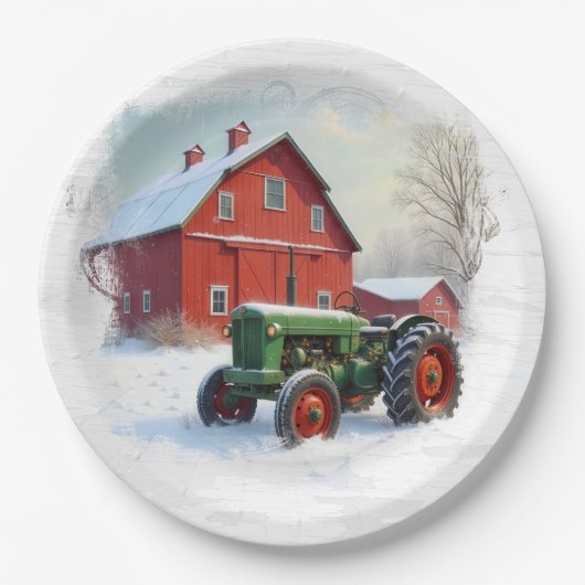Weihnachtsgrüner Landwirtstraktor und rote Scheune Pappteller (Vorderseite)