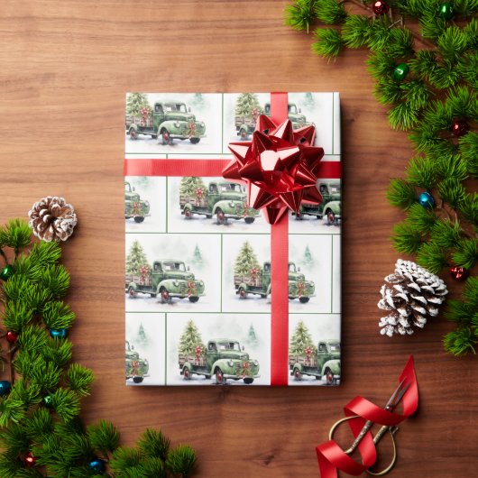Weihnachtsgrüner Retro-LKW mit Baum Geschenkpapier (Feiertagsgeschenk)