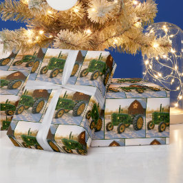 Weihnachtsgrüner Traktor mit leuchtenden Lichtern Geschenkpapier