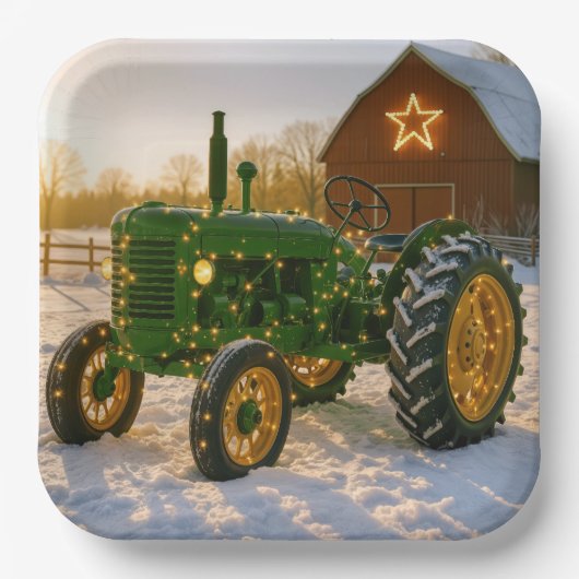 Weihnachtsgrüner Traktor mit leuchtenden Lichtern Pappteller (Vorderseite)